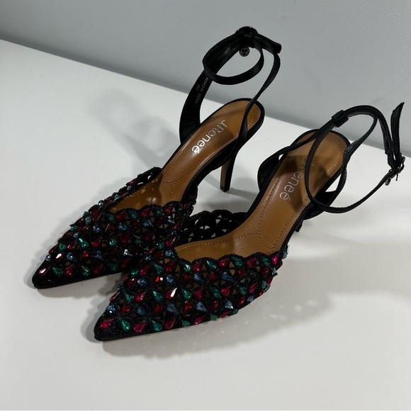 J. Renee Kamilo Black Satin Rhinestone Pumps Pointy Toe Memory Foam Insole 8M - Picture 2 of 13
